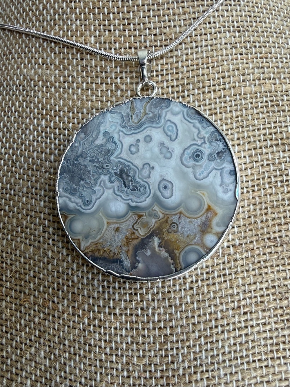 Natural Lace Agate Slice Necklace w/Silver Chain